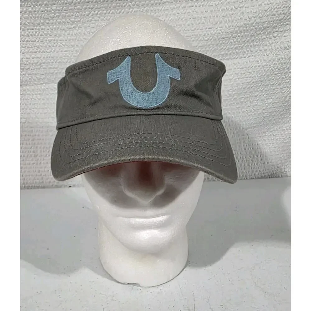 True Religion Sample Visor Hat Gray Blue Horseshoe Logo Leather Strap Paramount